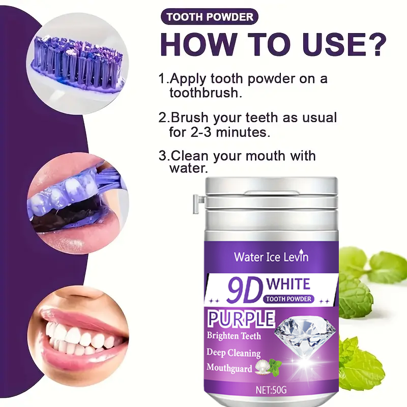 9D White Purple Toothpowder. B - đánh giá và giá Teeth Whitening Ingredients