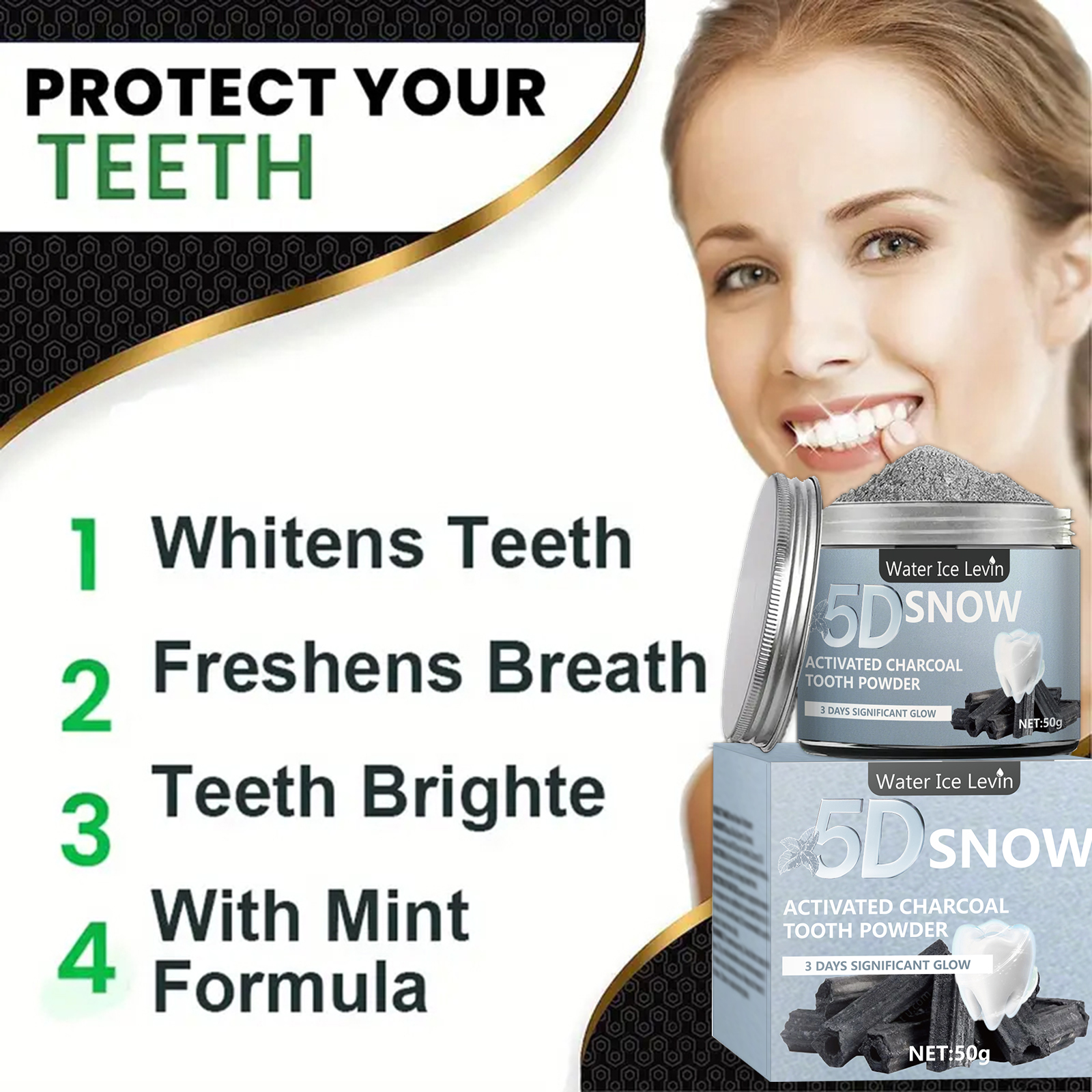 Water Ice Levin 5D Snow Activa - đánh giá và giá Teeth Whitening Charcoal Powder