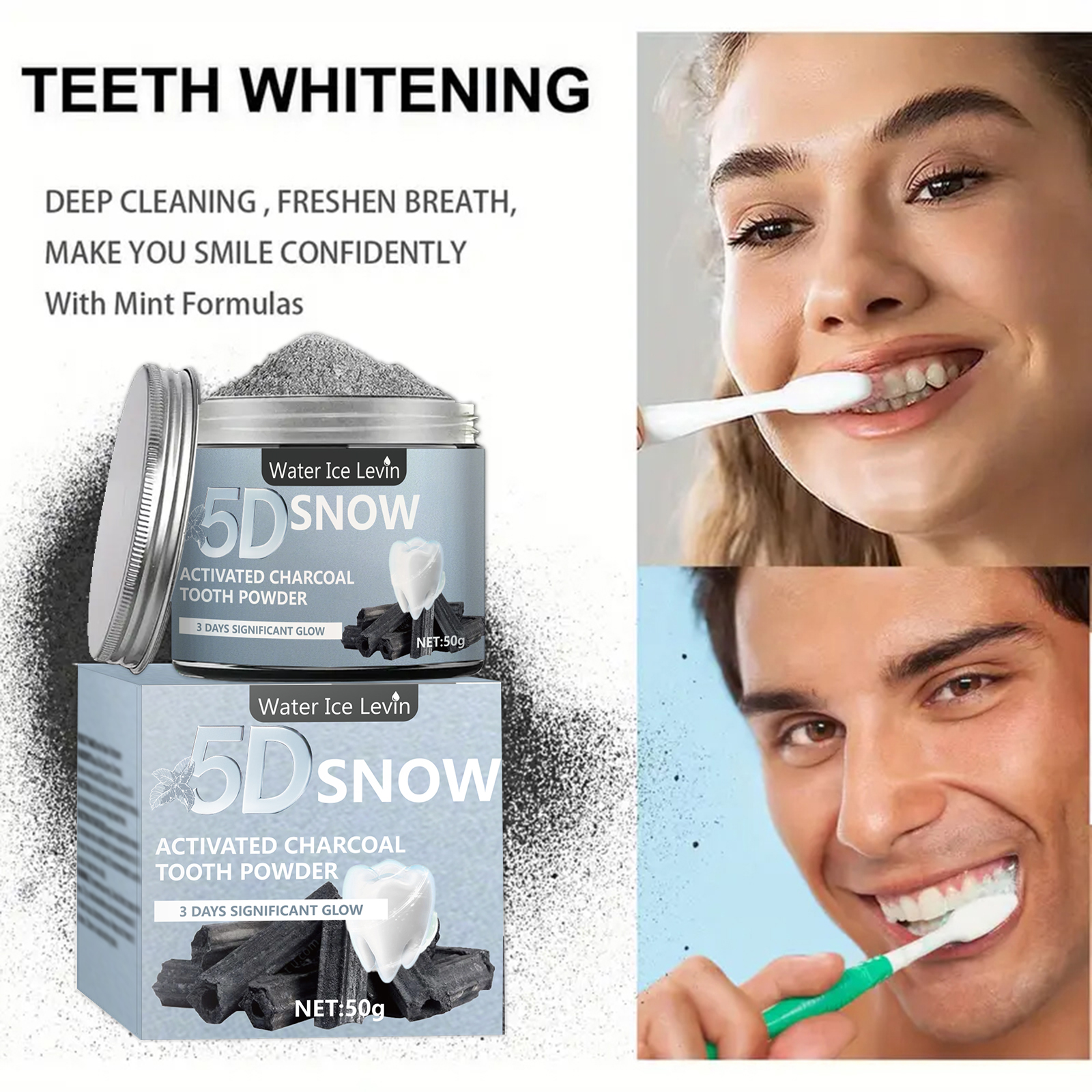 Water Ice Levin 5D Snow Activa - đánh giá và giá Teeth Whitening Charcoal Powder